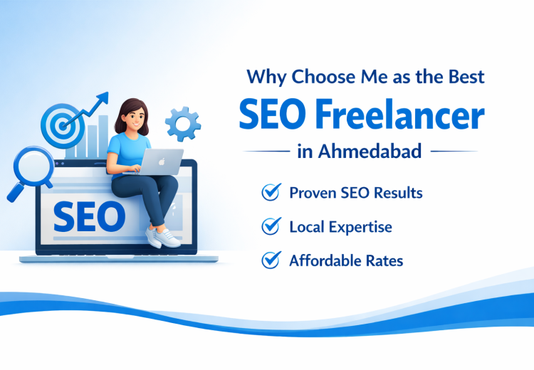 Best SEO Freelancer in Ahmedabad working on a laptop with growth charts and SEO icons in blue and white design